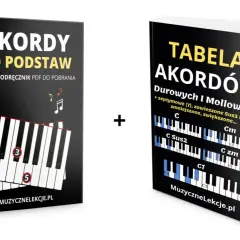 Dwie książki: "Akordy od podstaw" i "Tabela akordów" z przykładami chwytów na pianino.
