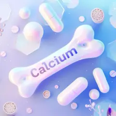 Biała kość z napisem "Calcium" otoczona tabletkami i kapsułkami. Symbolizuje zdrowie kości, ale też może nawiązywać do hiperkalcemii, gdy wapnia jest za dużo.