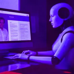 Robot analizuje CV kobiety na ekranie komputera.