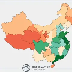 Mapa przedstawiająca chińskie prowincje w różnych odcieniach zieleni i pomarańczy, sugerująca dane statystyczne.