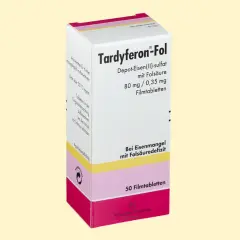 Opakowanie Tardyferon-Fol, leku na receptę zawierającego żelazo i kwas foliowy, stosowanego przy niedoborach.