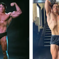 Arnold Schwarzenegger barn jämförs med en modern bodybuilder. Båda visar upp sina muskler i en klassisk pose.