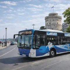 Autobus miejski z motywem fal i mapy Grecji przejeżdża obok Białej Wieży, ikony Salonik.