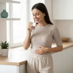 Uśmiechnięta kobieta pije wodę, czując ulgę po zastosowaniu makrogolu.