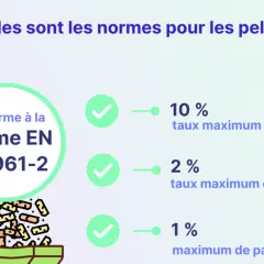 Norme EN 14 961-2 pour les pellets : humidité max 10%, additifs max 2%, fines max 1%.