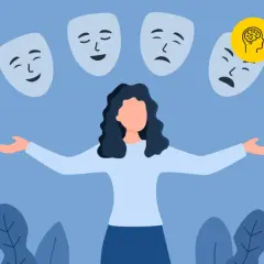 Kobieta z rozłożonymi rękami, otoczona maskami wyrażającymi różne emocje. Ilustracja pokazuje, jak nie pokazywać emocji, a raczej je akceptować.