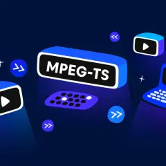 MPEG-TS is the format for live stream broadcasting. Devices like laptops and screens display play buttons, suggesting content delivery.
