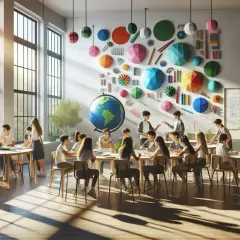 Aula luminosa con niños trabajando en proyectos educativos. Decoración colorida en la pared, un globo terráqueo y estanterías llenas de libros.