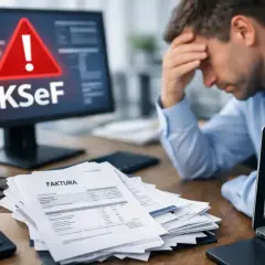 Zestresowany mężczyzna przy biurku, na monitorze KSeF z wykrzyknikiem, stos faktur.