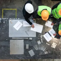 Grupa pracowników w kaskach i kamizelkach odblaskowych analizuje plany na stole roboczym.