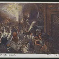 Scena z "Dziadów" cz. III: tłum ludzi wznosi ręce ku aniołkowi, który mówi "Do mamy lecim, do mamy". Motywy tęsknoty i nadziei.