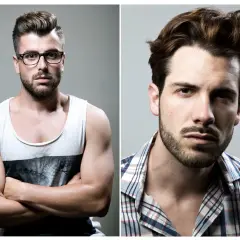 Dos hombres con un peinado tupe pelo. El de la izquierda lleva gafas y camiseta sin mangas. El de la derecha, camisa a cuadros.