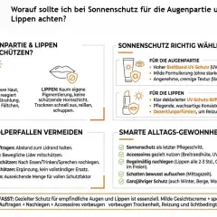 Sonnenschutz tipps für Augen & Lippen: Dünne Haut, wenig Pigmentierung. Produkte mit Breitband-UV-Schutz, milde Formulierungen & Lippenpflege sind wichtig.