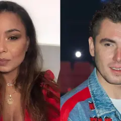 Kamil Bednarek z żoną, piękną kobietą w czerwonej bluzce i z naszyjnikiem.