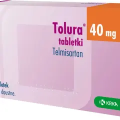 Opakowanie leku Tolura 40 mg zawierające 28 tabletek z telmisartanem. Podanie doustne.