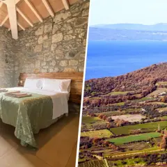 Camera rustica con vista sul lago di Bolsena balneabile. Paesaggio collinare con campi coltivati e il blu intenso del lago.