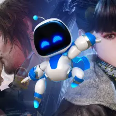 Astro Bot z PS5, ojciec całujący dziecko i kobieta. Idealne gry na PS5 dla całej rodziny.