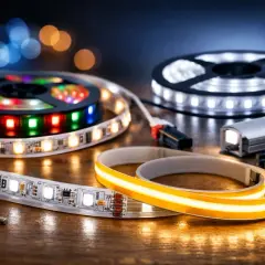 Różne rodzaje taśm LED: kolorowe RGB, białe, żółte i w profilu aluminiowym.