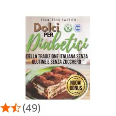 Copertina libro "Dolci per Diabetici", con un tiramisù e la promessa di dolci senza zucchero e senza glutine.