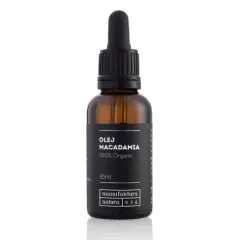 Brązowa buteleczka z pipetą, zawierająca olej do olejowania włosów Macadamia 100% Organic.