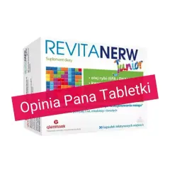 Opakowanie suplementu diety Revitanerw Junior z hasłem "Opinia Pana Tabletki". Zawiera olej rybi i witaminy.