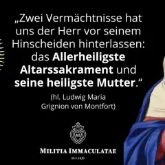 Goldene Monstranz als Fronleichnamssymbol, daneben die betende Gottesmutter Maria. Ein Zitat von Ludwig Maria Grignion von Montfort.