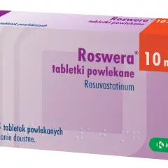 Opakowanie leku Roswera 10 mg, zawierające 28 tabletek powlekanych z rosuwastatyną.