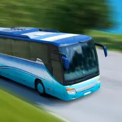 Niebieski autokar z licencją na międzynarodowy przewóz osób do 9 osób pędzi wzdłuż malowniczej trasy nad wodą.