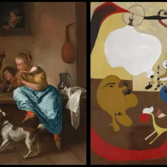 Dwa obrazy: po lewej dzieci bawiące się z psem i kotem, po prawej abstrakcyjne kompozycje w stylu joan miro obrazy.