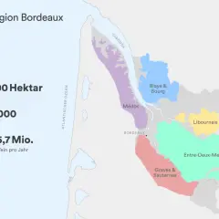 Karte der Weinregion Bordeaux: 110.800 Hektar Anbaufläche, ca. 3.000 Châteaux, rund 5,7 Mio. Hektoliter Wein pro Jahr. Zeigt Médoc, Graves & Sauternes, Entre-Deux-Mers, Blaye & Bourg, Libournais.