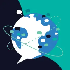 A stylized globe with speech bubbles orbiting it, representing global communication and employee engagement score benchmark.