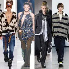 Modelos con looks de estilo grunge: suéteres rotos, estampados de vaca, pantalones anchos y accesorios llamativos.