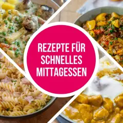 Vier leckere Gerichte für ein schnelles Mittagessen: Frikadellen mit Kartoffeln, Gulasch mit Kartoffeln, Nudeln mit Schinken und Curry mit Reis.