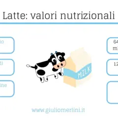 Latte intero valori nutrizionali: 64 kcal, 3,5% lipidi, 3,2% proteine, 5% lattosio, 120mg calcio e 11-15mg colesterolo per 100ml/g.