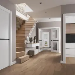 Instalar puerta corredera moderna en un recibidor con escaleras de madera y cocina visible.