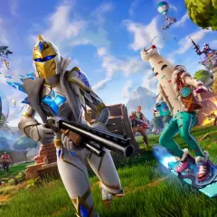 Postacie z Fortnite, gry, która ma już swoje lata, w akcji na tle nieba i zielonej trawy.