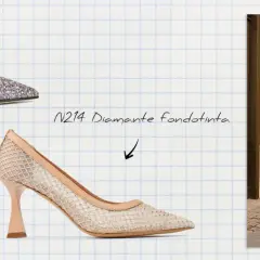 Eleganckie szpilki: srebrne z brokatem, beżowe z siateczką i kryształkami, oraz kobieta w szpilkach na ulicy.