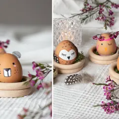 Kreative Oster Eier Malen: Ein Eichhörnchen-Ei mit Ohren, ein Eulen-Ei und ein Küken-Ei sitzen in Holzringen.