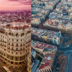 Vista aérea de edificios en Madrid al atardecer y una calle arbolada con el Arco del Triunfo en Barcelona.