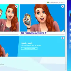 Kobieta z rudymi włosami trzyma telefon, sugerując aktualizację Sims 4. Obok przycisk "Zobacz aktualizację".