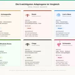 Vergleich der 6 wichtigsten Adaptogene: Ashwagandha, Reishi, Lion's Mane, Rhodiola Rosea, Chaga, Schisandra. Eine adaptogene Liste für verschiedene Bedürfnisse.