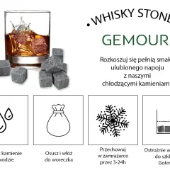 Szklanka whisky z kamieniami do chłodzenia i ilustracje instrukcji użycia.