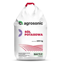 Worek nawozu "Sól potasowa" od Agrosonic, 600 kg. Produkt BACTI-P wspomaga nawożenie.