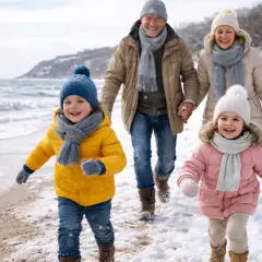 Rodzina spaceruje brzegiem morza zimą. Dzieci biegną radośnie, dziadkowie trzymają się za ręce. Idealne miejsce, gdzie nad morze w zimie.