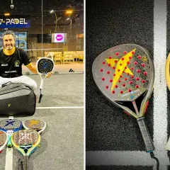 Uomo con racchette da padel, alcune con forma diamante, pronte per la partita.