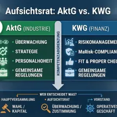 Gegenüberstellung der Aufgaben von Aufsichtsrat im AktG (Industrie) und KWG (Finanz). Was macht ein Aufsichtsrat? Überwachung, Strategie, Personalhoheit, Risikomanagement.