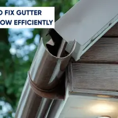 A close-up of a brown gutter with debris, showing a problem that needs a gutter fix. Text overlay reads "HOW TO FIX GUTTER OVERFLOW EFFICIENTLY".