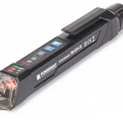 Czarny tester napięcia z funkcją ncv, wskaźnikami LED i klipsem.