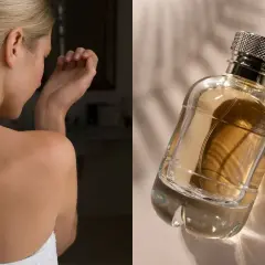 Kobieta wącha nadgarstek, na którym czuć subtelne aldehydy w perfumach. Obok buteleczka z płynem.