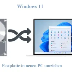 Festplatte mit Windows 11 auf neuen PC umziehen. Illustration einer Festplatte, die mit einem Pfeilsymbol auf einen Laptop mit Windows 11 zeigt.